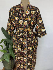 Pure Cotton Kimono Indian Handprinted Boho House Robe Summer Dress, Black Saffron Floral Botanical Garden Beach Coverup Maternity Mom Bridal - The Eastern Loom