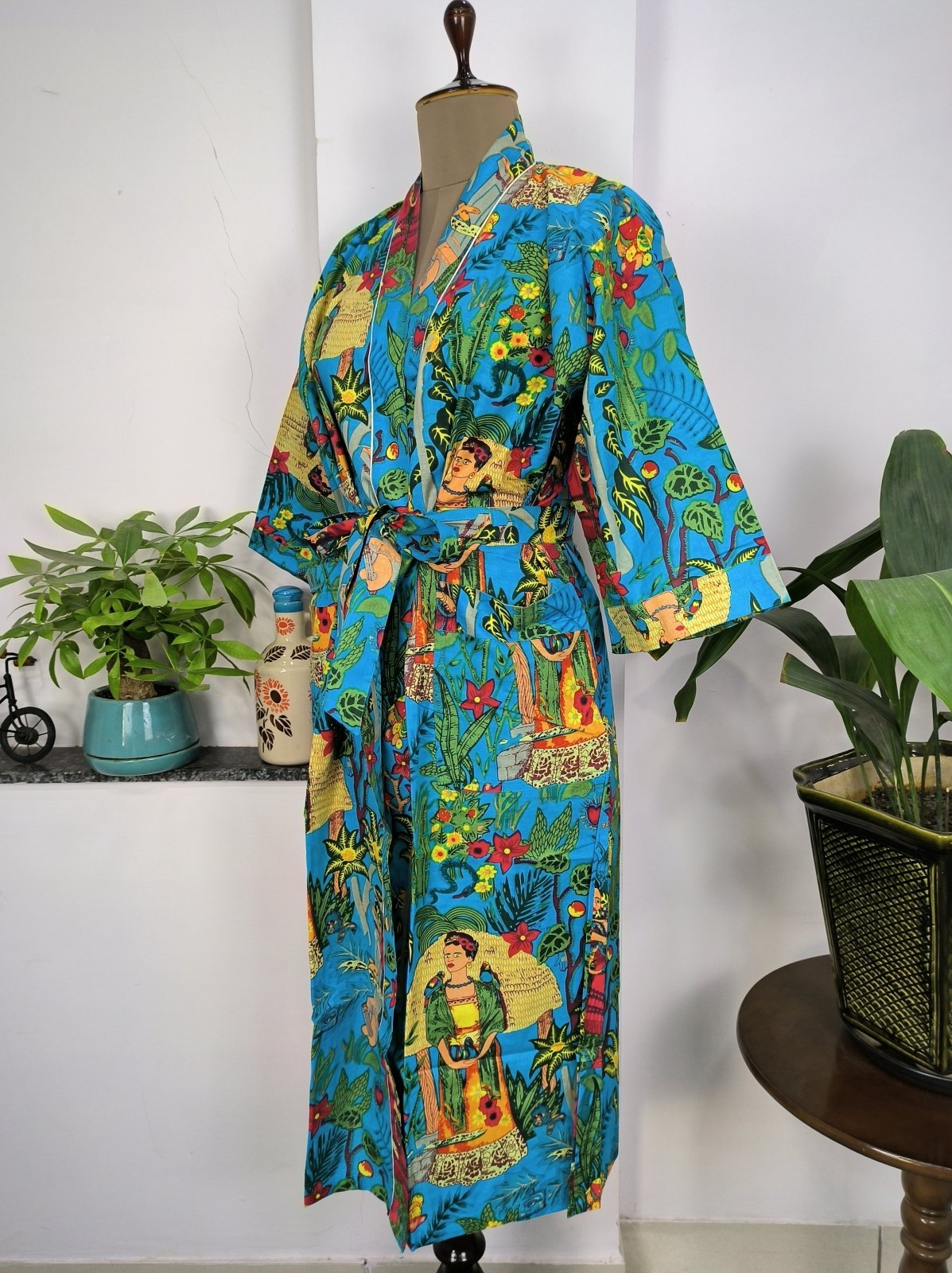 Pure Cotton Kimono Indian Handprinted Boho House Robe Summer Dress | Blue Hue Yellow Farida Khalo Luxury Beach Holiday Yacht Cover Up - The Eastern Loom
