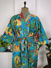 Pure Cotton Kimono Indian Handprinted Boho House Robe Summer Dress | Blue Hue Yellow Farida Khalo Luxury Beach Holiday Yacht Cover Up - The Eastern Loom