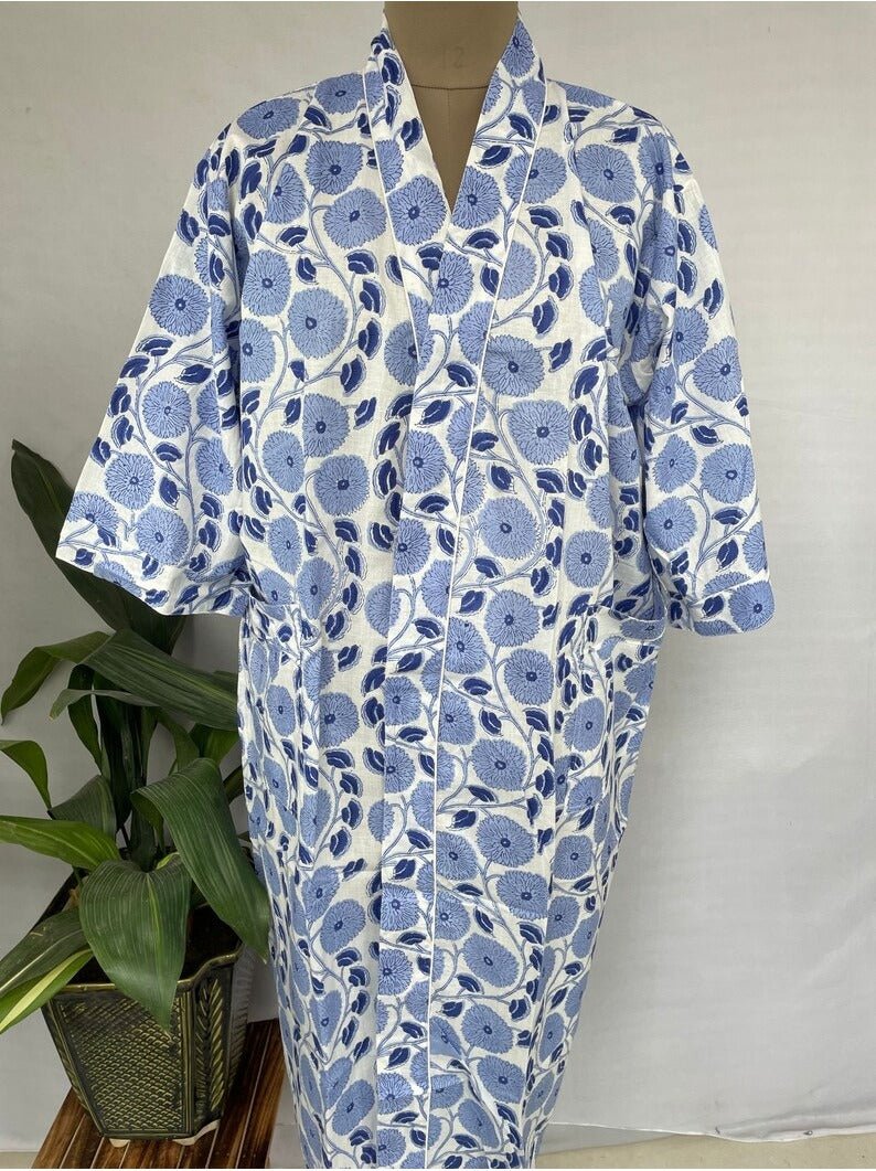 Pure Cotton Kimono Indian Handprinted Boho House Robe Summer Dress | Blue Indigo Hue Floral Petal Beach Coverup/Comfy Maternity Mom Bridal - The Eastern Loom