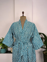 Pure Cotton Kimono Indian Handprinted Boho House Robe Summer Dress, Blue White Beach Coverup Maternity Mom Bridal - The Eastern Loom