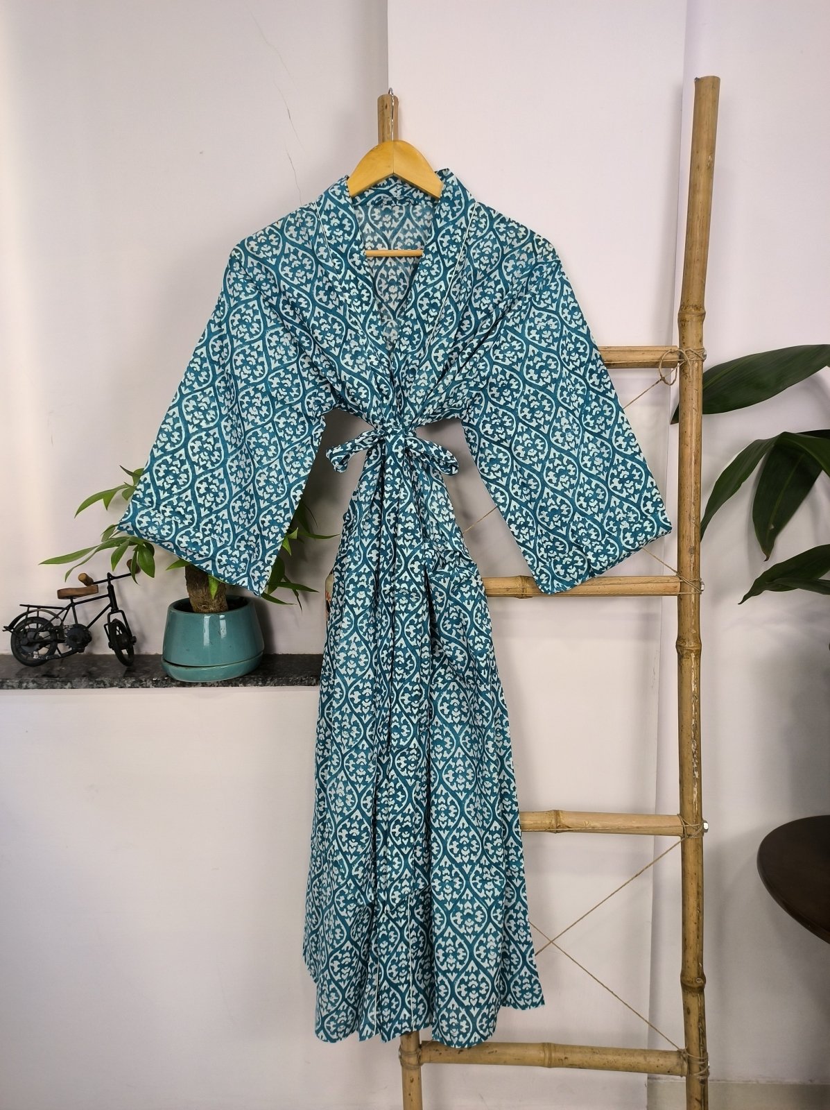 Pure Cotton Kimono Indian Handprinted Boho House Robe Summer Dress, Blue White Beach Coverup Maternity Mom Bridal - The Eastern Loom