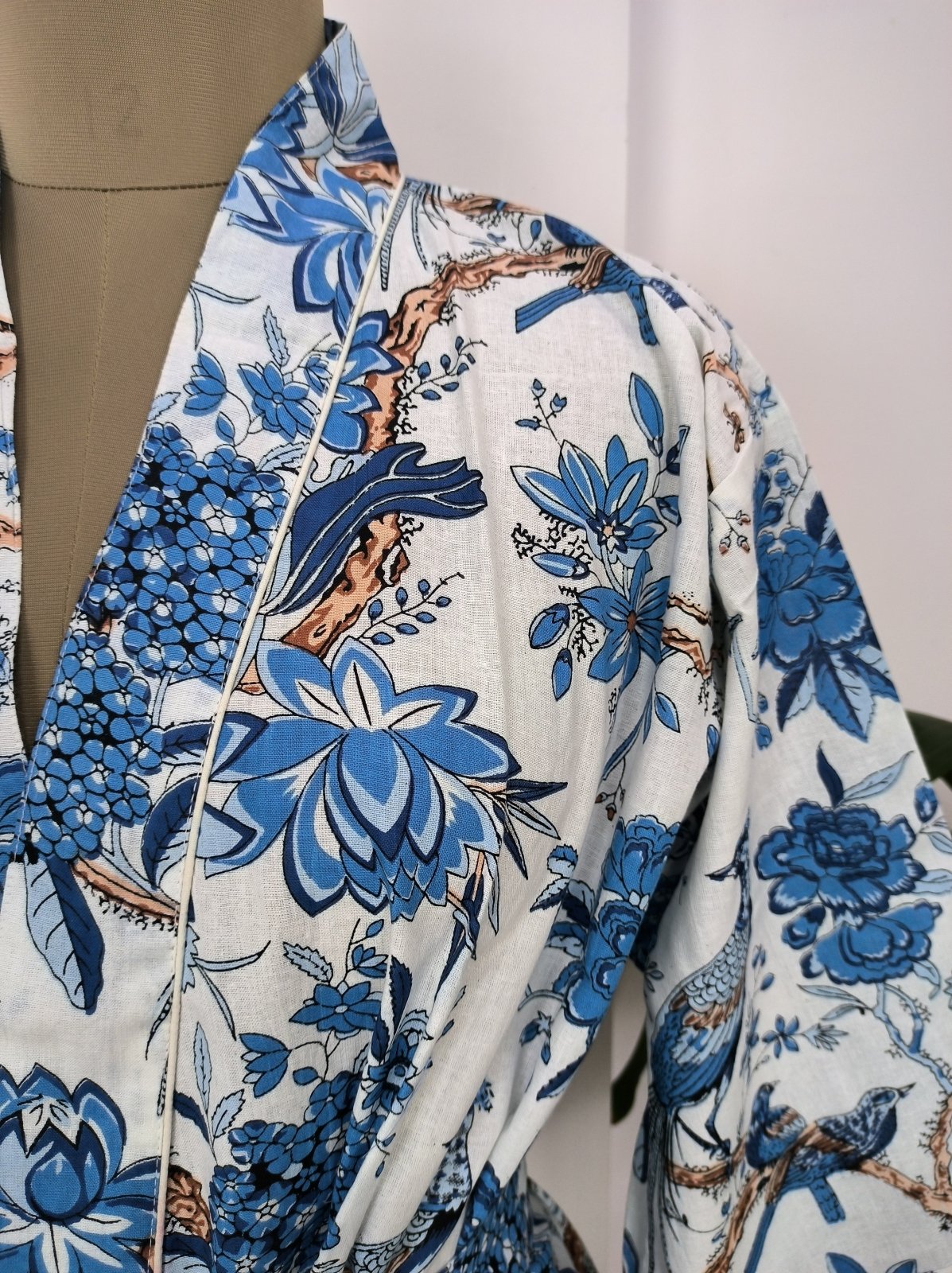Pure Cotton Kimono Indian Handprinted Boho House Robe Summer Dress, Blue White Floral Beach Coverup Maternity Mom Bridal - The Eastern Loom