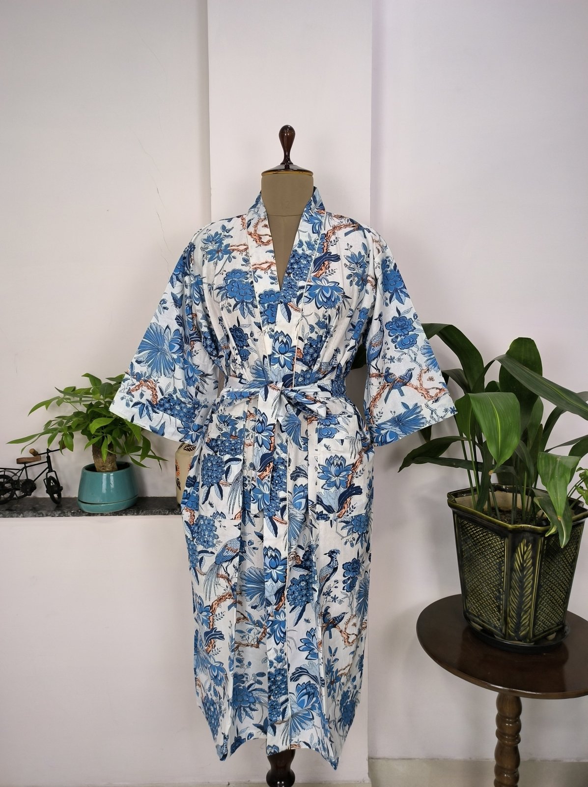 Pure Cotton Kimono Indian Handprinted Boho House Robe Summer Dress, Blue White Floral Beach Coverup Maternity Mom Bridal - The Eastern Loom