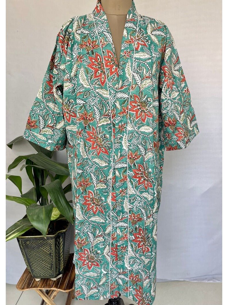 Pure Cotton Kimono Indian Handprinted Boho House Robe Summer Dress, Gorgeous Turquoise Peach Botanical Beach Coverup Maternity Mom Bridal - The Eastern Loom