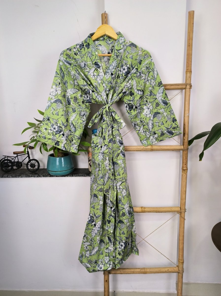 Pure Cotton Kimono Indian Handprinted Boho House Robe Summer Dress | Green Grey Floral Butterfly Beach Cover Up Top Wear, Christmas Present - The Eastern Loom