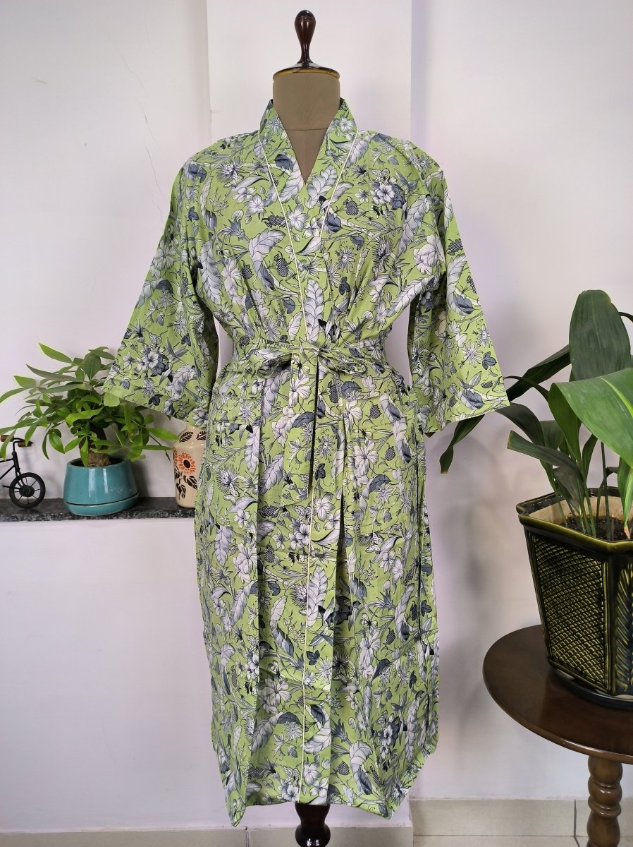Pure Cotton Kimono Indian Handprinted Boho House Robe Summer Dress | Green Grey Floral Butterfly Beach Cover Up Top Wear, Christmas Present - The Eastern Loom