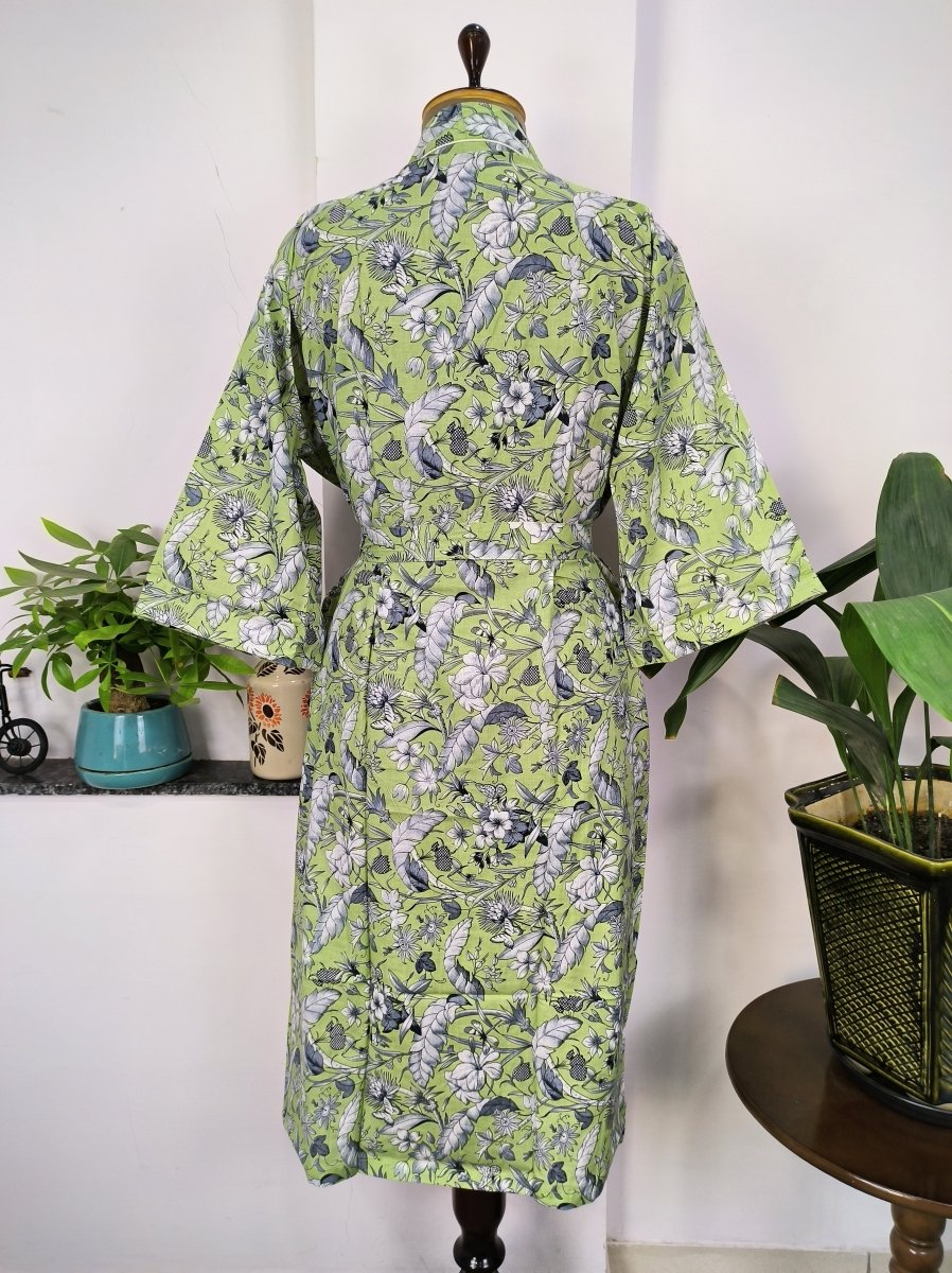 Pure Cotton Kimono Indian Handprinted Boho House Robe Summer Dress | Green Grey Floral Butterfly Beach Cover Up Top Wear, Christmas Present - The Eastern Loom