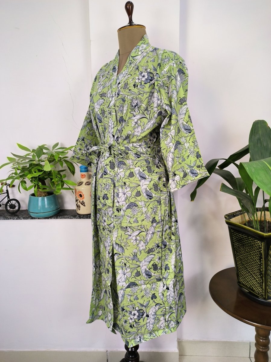 Pure Cotton Kimono Indian Handprinted Boho House Robe Summer Dress | Green Grey Floral Butterfly Beach Cover Up Top Wear, Christmas Present - The Eastern Loom