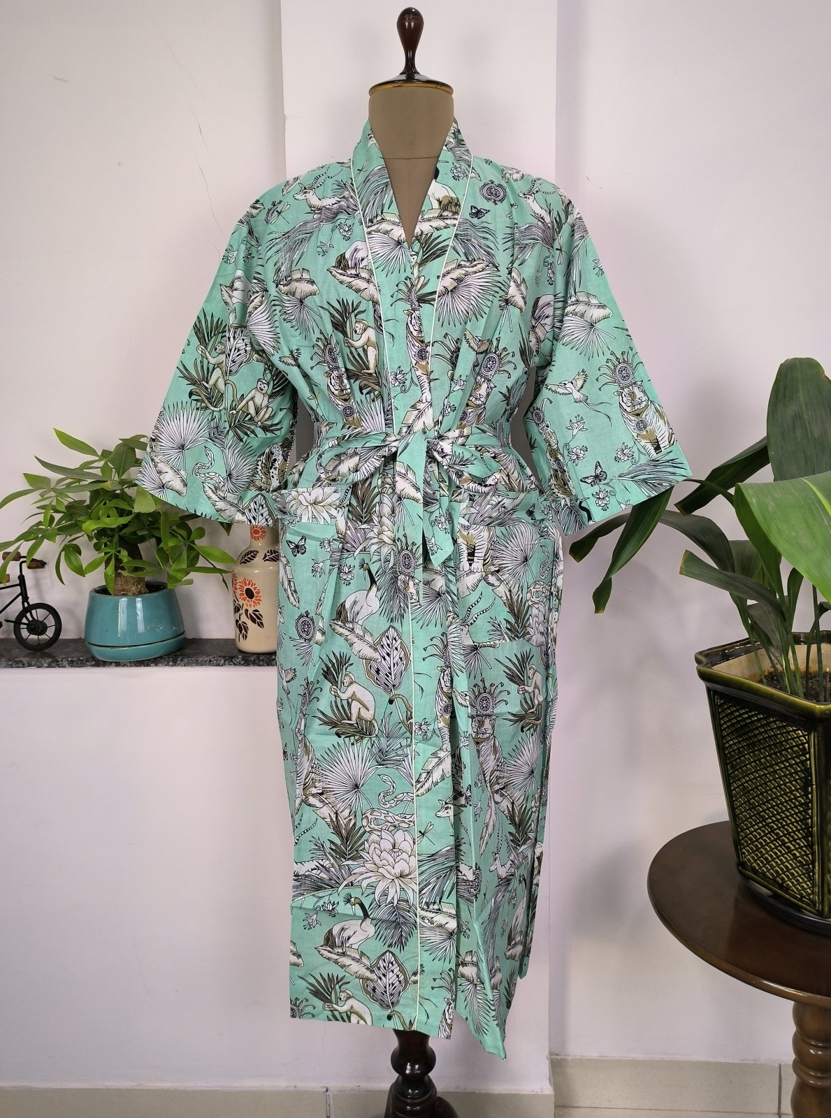 Pure Cotton Kimono Indian Handprinted Boho House Robe Summer Dress | Green Hue Monkey Animal Jungle Luxury Beach Holiday Yacht Cover Up - The Eastern Loom