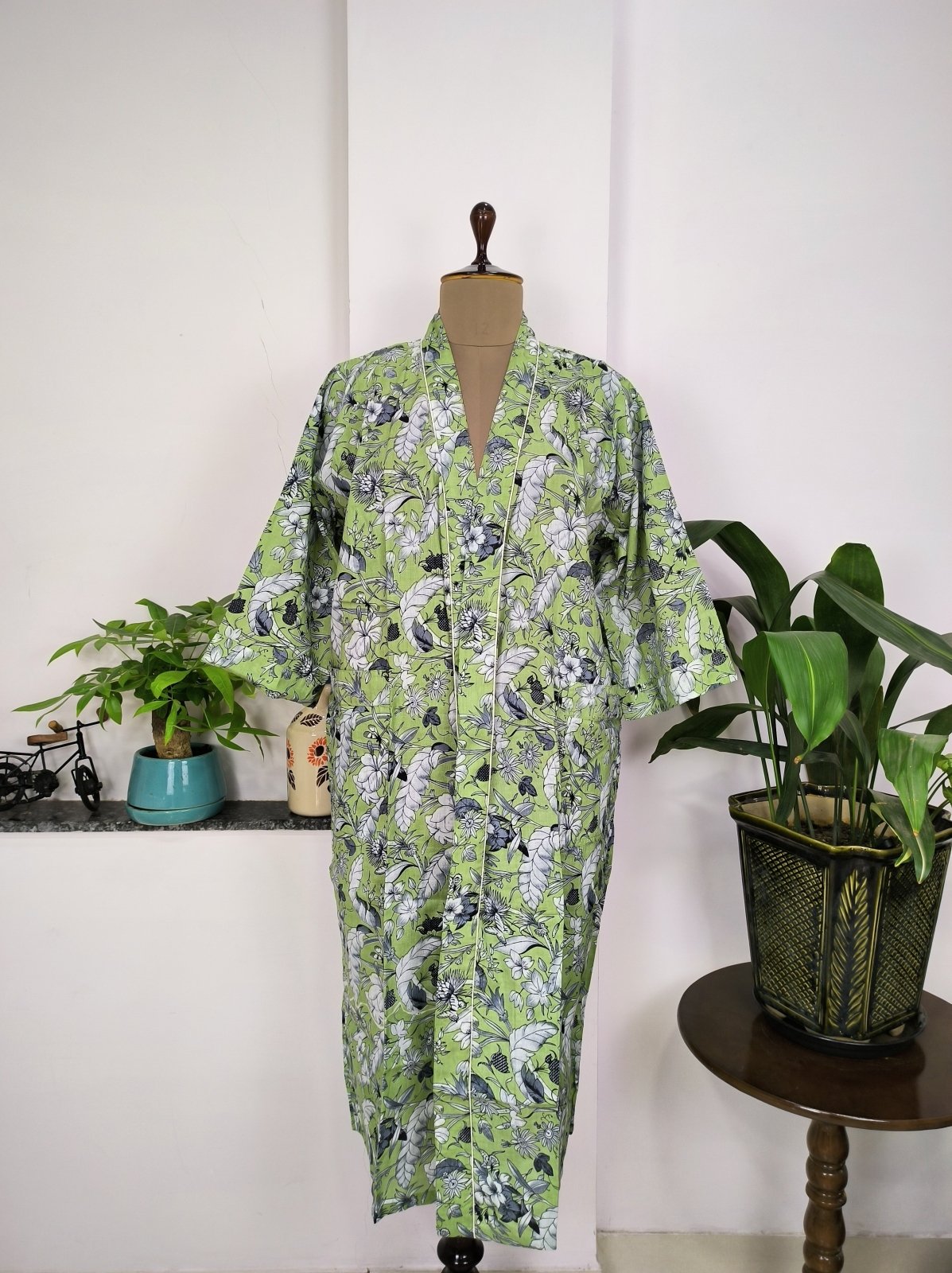 Pure Cotton Kimono Indian Handprinted Boho House Robe Summer Dress, Green Pista Leaf Beach Coverup Maternity Mom Bridal - The Eastern Loom