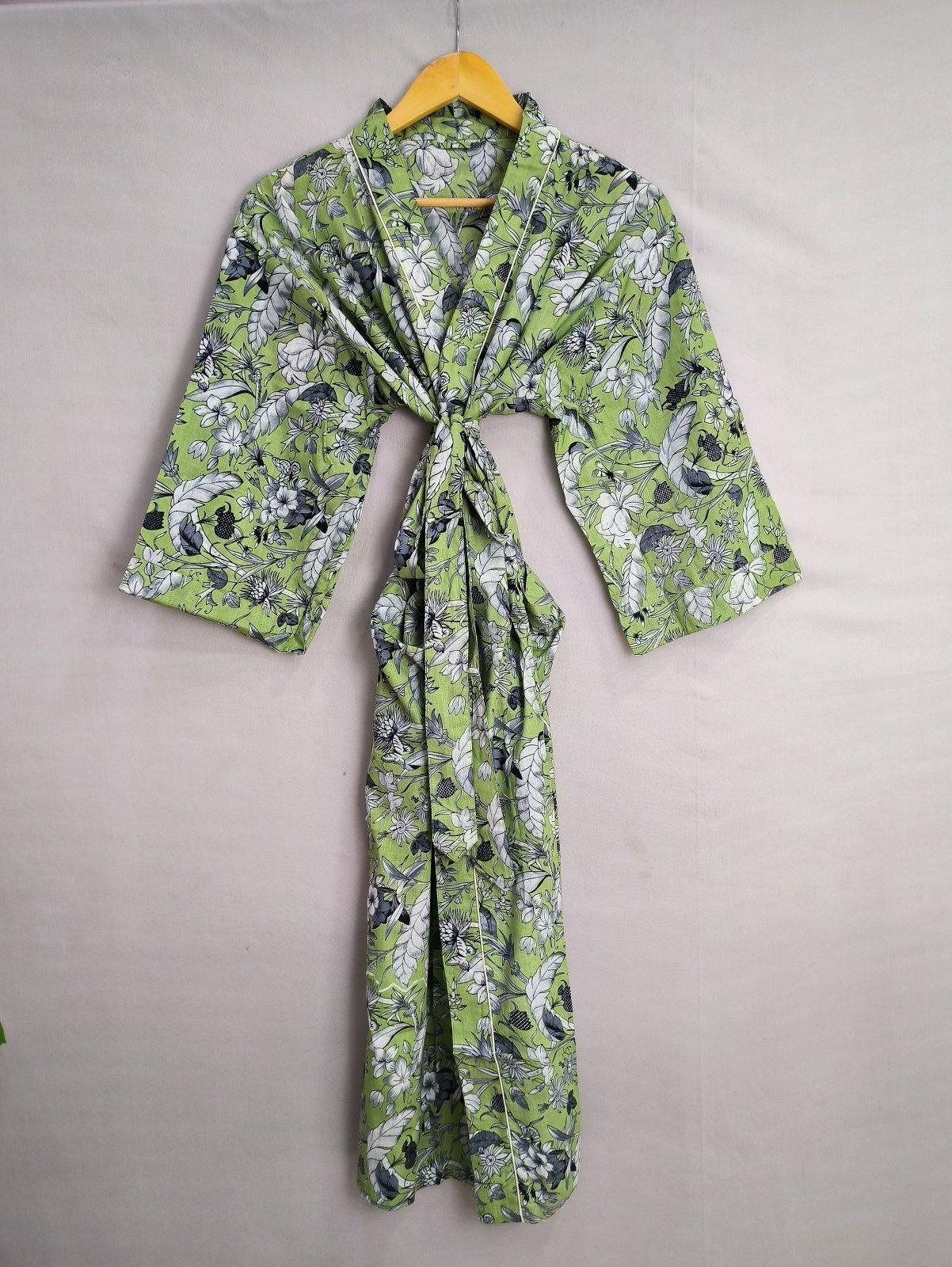 Pure Cotton Kimono Indian Handprinted Boho House Robe Summer Dress, Green Pista Leaf Beach Coverup Maternity Mom Bridal - The Eastern Loom