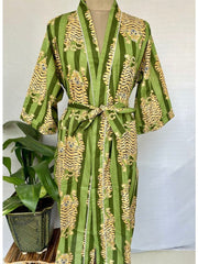 Pure Cotton Kimono Indian Handprinted Boho House Robe Summer Dress, Green Strips Cheetah Leopard Animal Beach Coverup Maternity Mom Bridal - The Eastern Loom