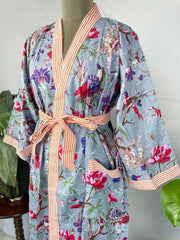 Pure Cotton Kimono Indian Handprinted Boho House Robe Summer Dress, Grey Bird Stripes Beach Coverup Maternity Mom Bridal - The Eastern Loom