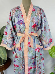 Pure Cotton Kimono Indian Handprinted Boho House Robe Summer Dress, Grey Bird Stripes Beach Coverup Maternity Mom Bridal - The Eastern Loom