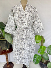 Pure Cotton Kimono Indian Handprinted Boho House Robe Summer Dress, Grey White Leaf Botanical Beach Coverup Maternity Mom Bridal - The Eastern Loom