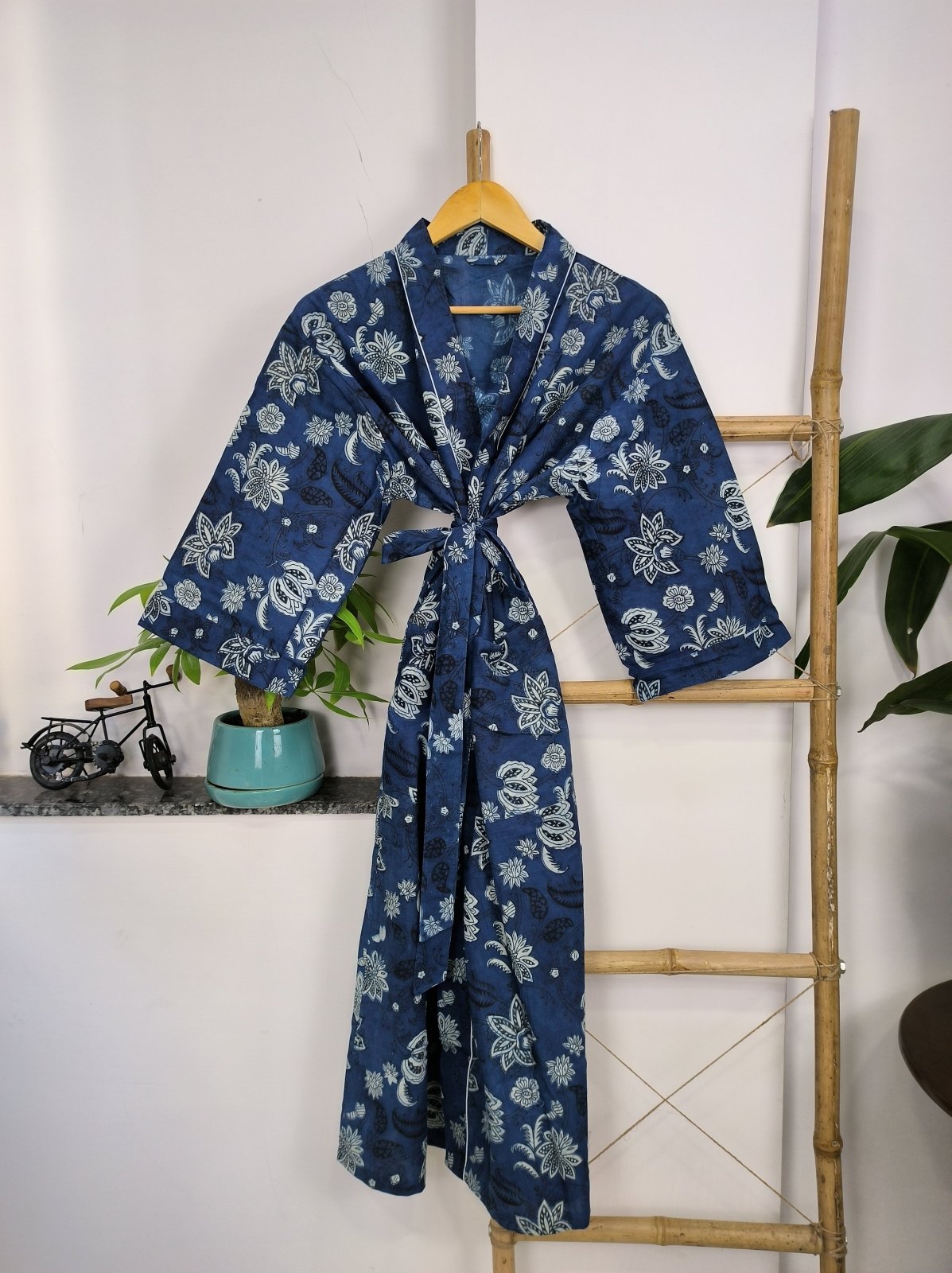 Pure Cotton Kimono Indian Handprinted Boho House Robe Summer Dress, Indigo Beach Coverup Maternity Mom Bridal - The Eastern Loom