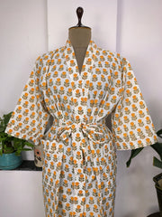 Pure Cotton Kimono Indian Handprinted Boho House Robe Summer Dress | Ivory White Yellow Flower Blossom Luxury Beach Holiday Yacht Cover Up - The Eastern Loom