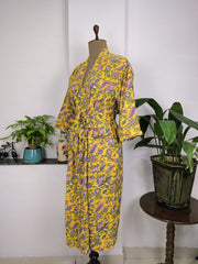 Pure Cotton Kimono Indian Handprinted Boho House Robe Summer Dress, Mango Yellow Floral Beach Coverup Maternity Mom Bridal - The Eastern Loom