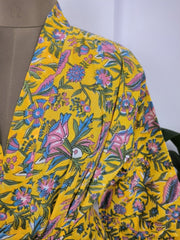 Pure Cotton Kimono Indian Handprinted Boho House Robe Summer Dress, Mango Yellow Floral Beach Coverup Maternity Mom Bridal - The Eastern Loom