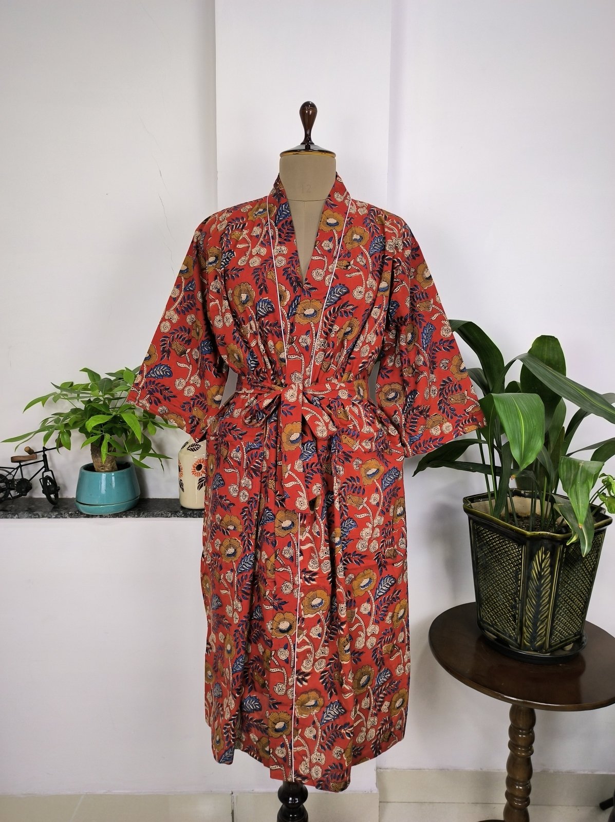 Pure Cotton Kimono Indian Handprinted Boho House Robe Summer Dress, Maroon Yellow Floral Beach Coverup Maternity Mom Bridal - The Eastern Loom