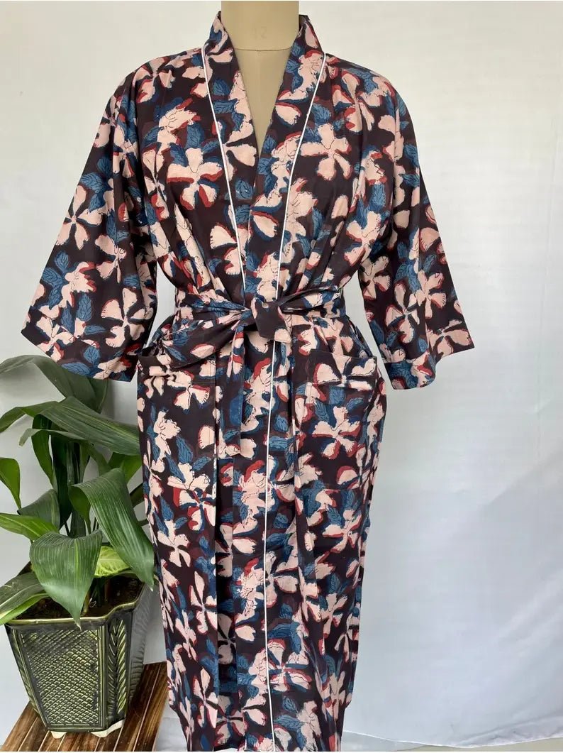 Pure Cotton Kimono Indian Handprinted Boho House Robe Summer Dress, Mid Night Black Blue Hue Floral Beach Coverup/Comfy Maternity Mom Bridal - The Eastern Loom