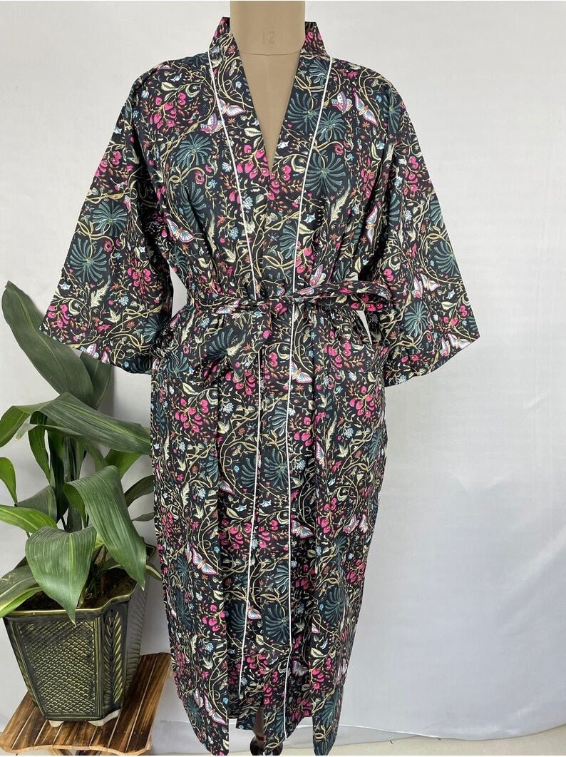 Pure Cotton Kimono Indian Handprinted Boho House Robe Summer Dress, Mid Night Black Butterfly Print Beach Coverup/Comfy Maternity Mom Bridal - The Eastern Loom