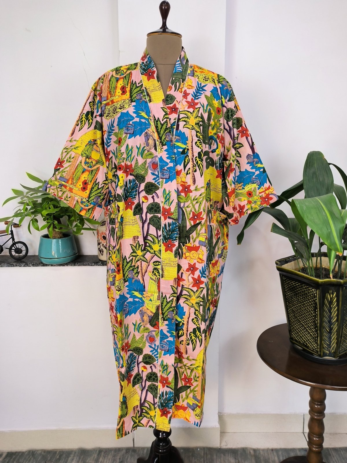 Pure Cotton Kimono Indian Handprinted Boho House Robe Summer Dress | Peach Floral Animal Farida Khalo Luxury Beach Holiday Yacht Cover Up - The Eastern Loom