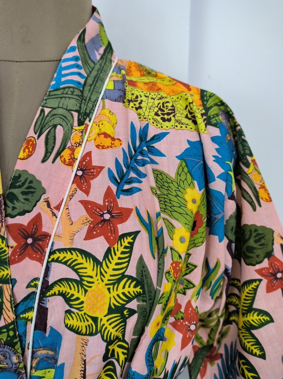 Pure Cotton Kimono Indian Handprinted Boho House Robe Summer Dress | Peach Floral Animal Farida Khalo Luxury Beach Holiday Yacht Cover Up - The Eastern Loom