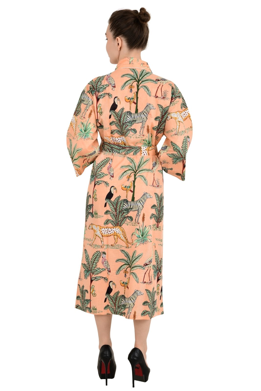 Pure Cotton Kimono Indian Handprinted Boho House Robe Summer Dress | Peach Jungle Cheetah Animal Elegant Luxury Beach Holiday Yacht Cover Up - The Eastern Loom