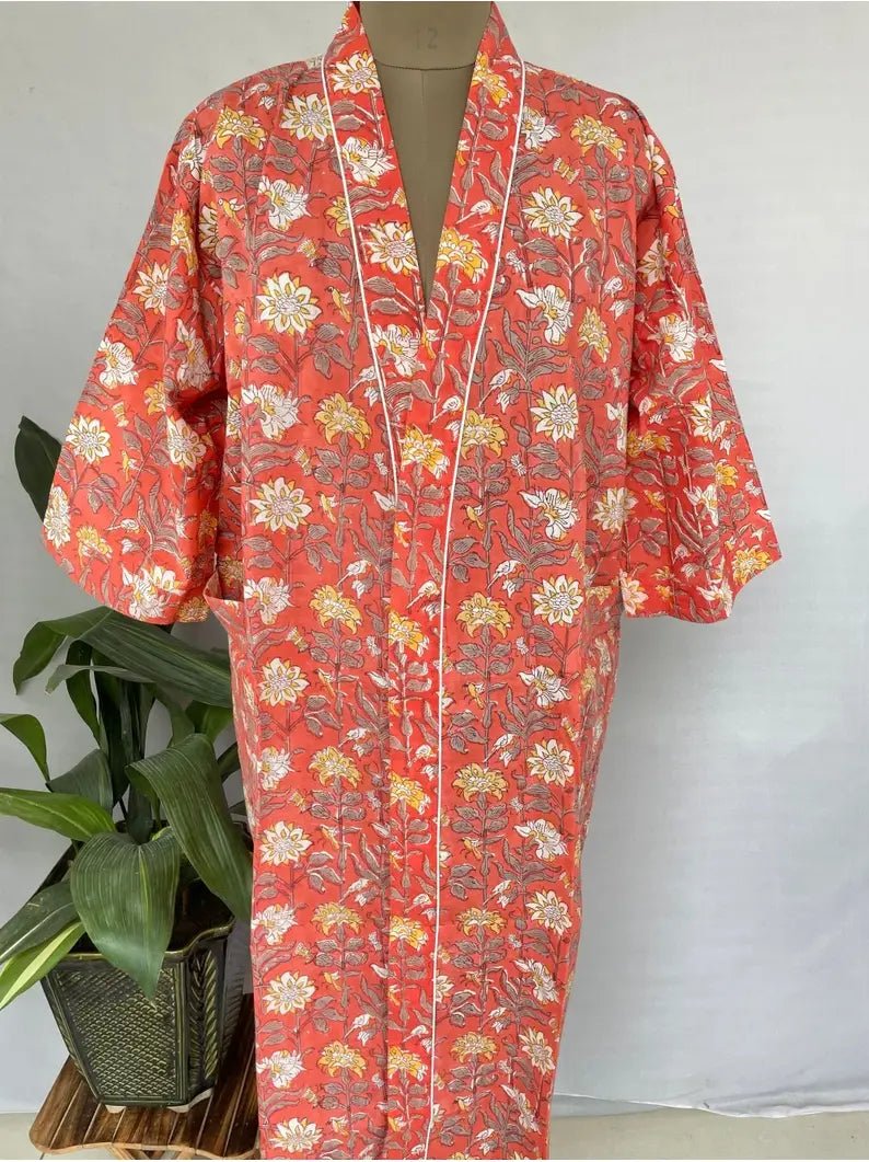Pure Cotton Kimono Indian Handprinted Boho House Robe Summer Dress | Peach Radish Botanical Garden Beach Coverup/Comfy Maternity Mom Bridal - The Eastern Loom