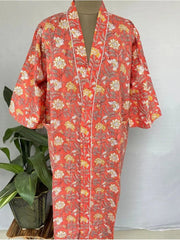 Pure Cotton Kimono Indian Handprinted Boho House Robe Summer Dress | Peach Radish Botanical Garden Beach Coverup/Comfy Maternity Mom Bridal - The Eastern Loom