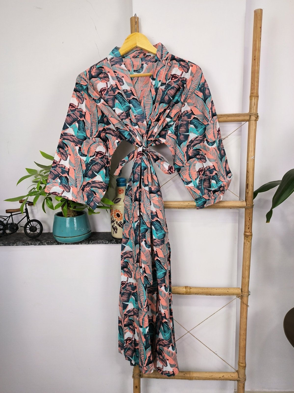 Pure Cotton Kimono Indian Handprinted Boho House Robe Summer Dress | Peach Teal Blue Grey Banana Leafs Luxury Beach Holiday Yacht Cover Up - The Eastern Loom
