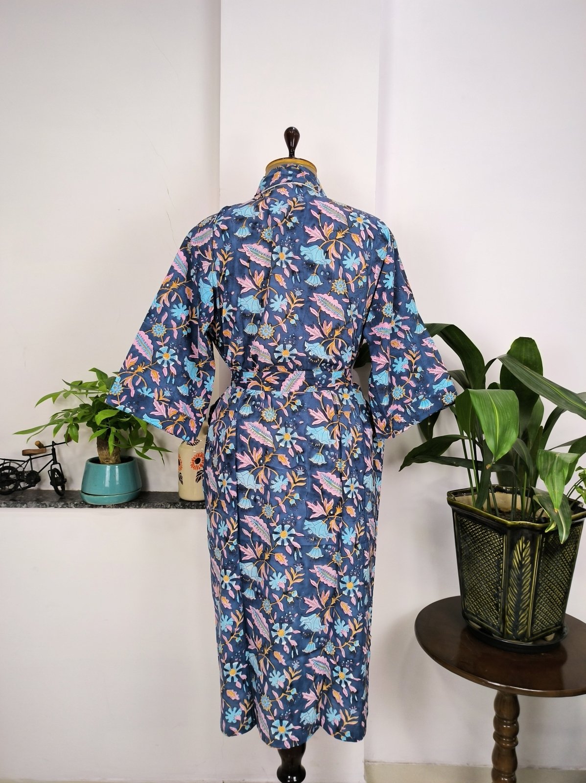 Pure Cotton Kimono Indian Handprinted Boho House Robe Summer Dress, Pink Blue Yellow Leaf Beach Coverup Maternity Mom Bridal - The Eastern Loom