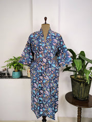 Pure Cotton Kimono Indian Handprinted Boho House Robe Summer Dress, Pink Blue Yellow Leaf Beach Coverup Maternity Mom Bridal - The Eastern Loom