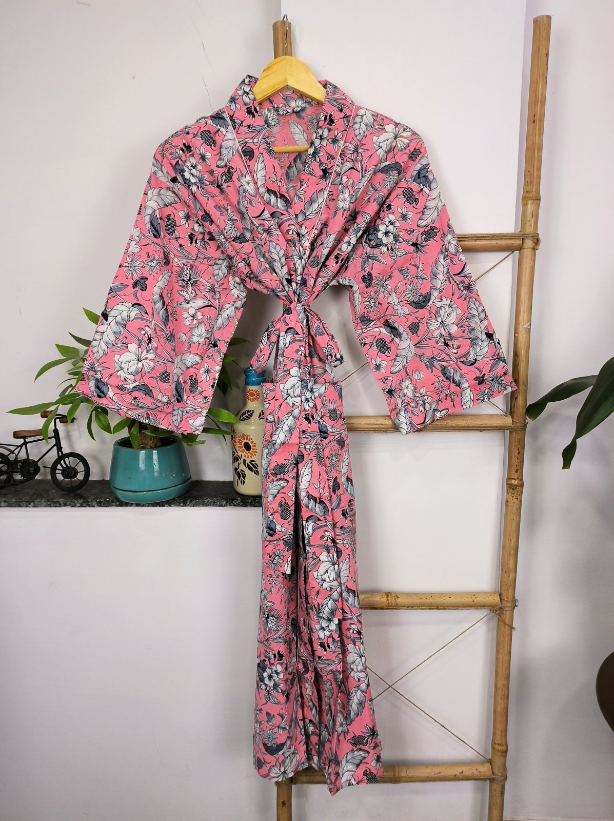 Pure Cotton Kimono Indian Handprinted Boho House Robe Summer Dress | Pink White Botanical Garden Floral Luxury Beach Holiday Yacht Cover Up - The Eastern Loom