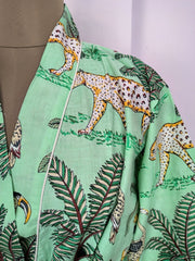 Pure Cotton Kimono Indian Handprinted Boho House Robe Summer Dress | Pistachio Mint Green Cheetah Animal Luxury Beach Holiday Yacht Cover Up - The Eastern Loom
