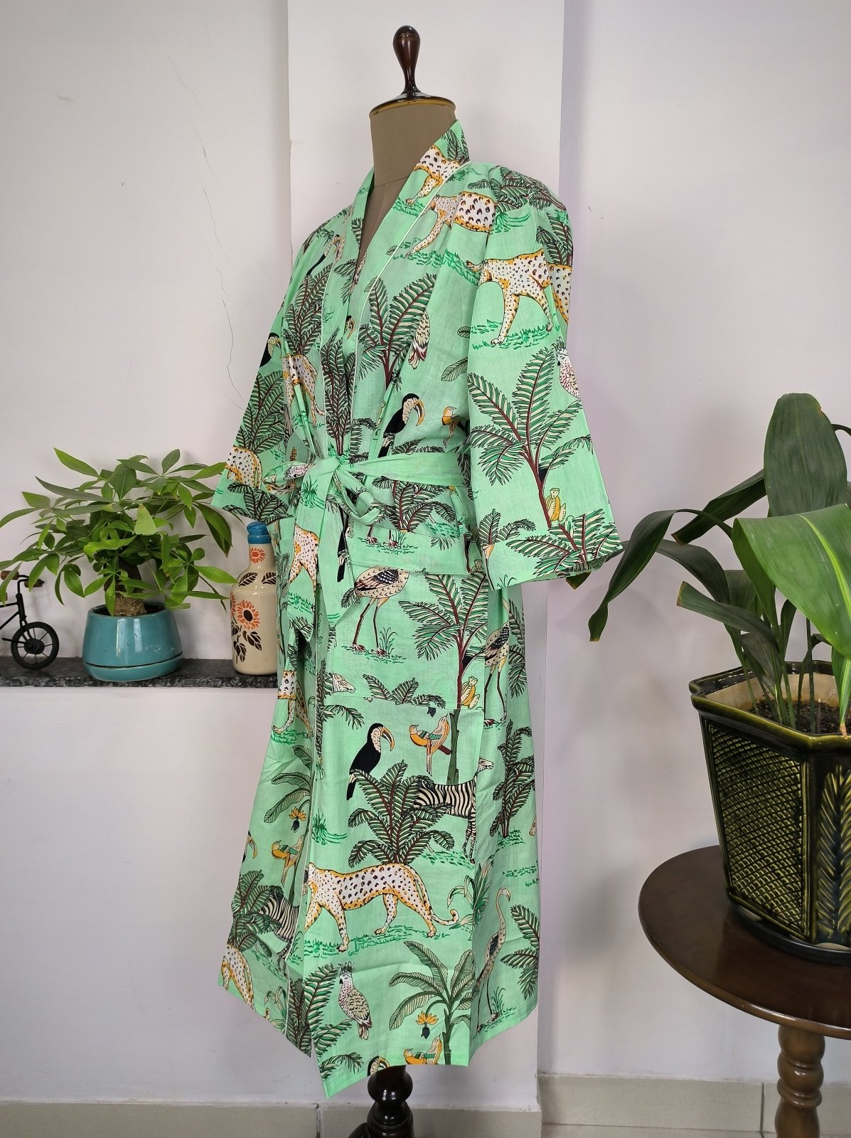 Pure Cotton Kimono Indian Handprinted Boho House Robe Summer Dress | Pistachio Mint Green Cheetah Animal Luxury Beach Holiday Yacht Cover Up - The Eastern Loom