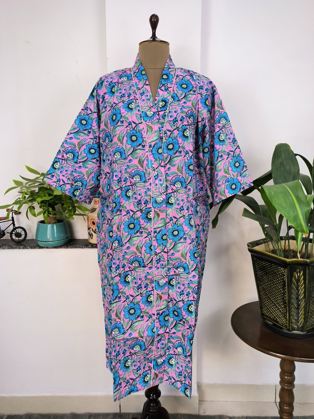 Pure Cotton Kimono Indian Handprinted Boho House Robe Summer Dress | Purple Fruit Colors Floral Rose Luxury Beach Holiday Yacht Cover Up - The Eastern Loom
