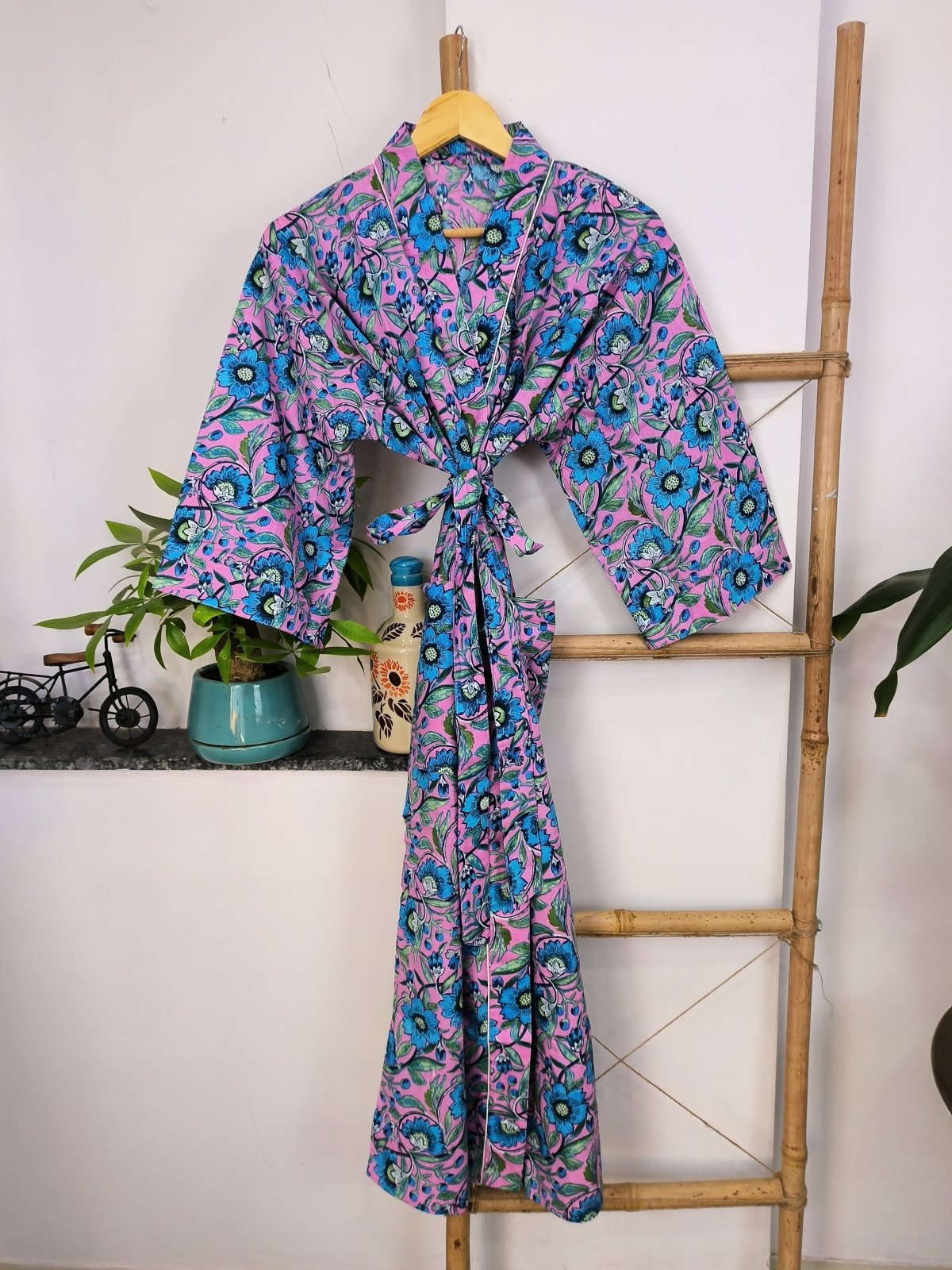 Pure Cotton Kimono Indian Handprinted Boho House Robe Summer Dress | Purple Fruit Colors Floral Rose Luxury Beach Holiday Yacht Cover Up - The Eastern Loom