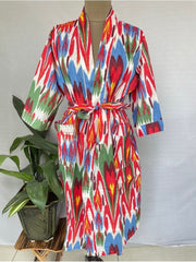 Pure Cotton Kimono Indian Handprinted Boho House Robe Summer Dress | Red Blue Green Irate Hearts Beach Coverup/Comfy Maternity Mom Bridal - The Eastern Loom
