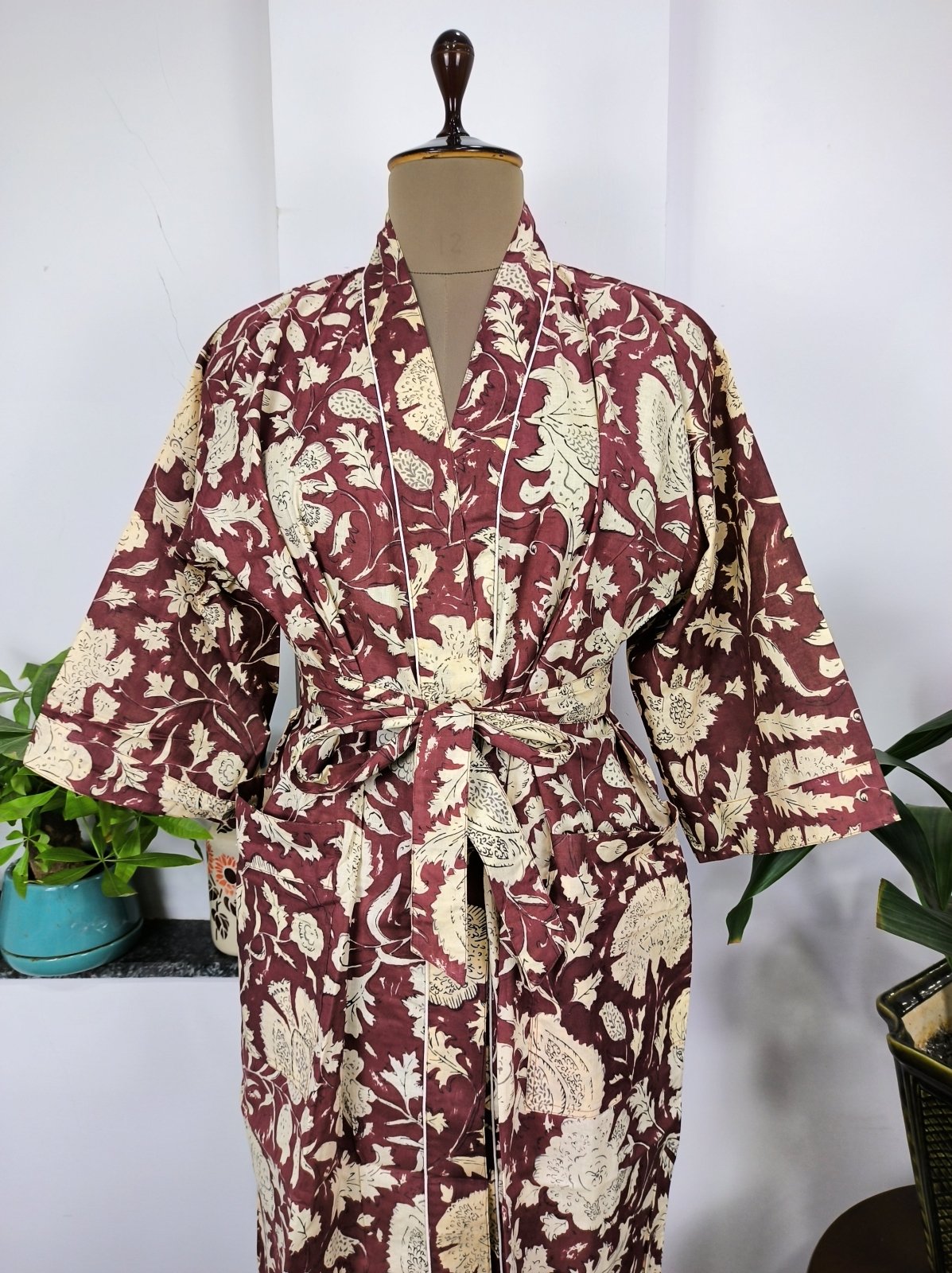 Pure Cotton Kimono Indian Handprinted Boho House Robe Summer Dress | Rusty Red Garden Floral Rose Luxury Cover Up | Maternity Mom Bridal - The Eastern Loom