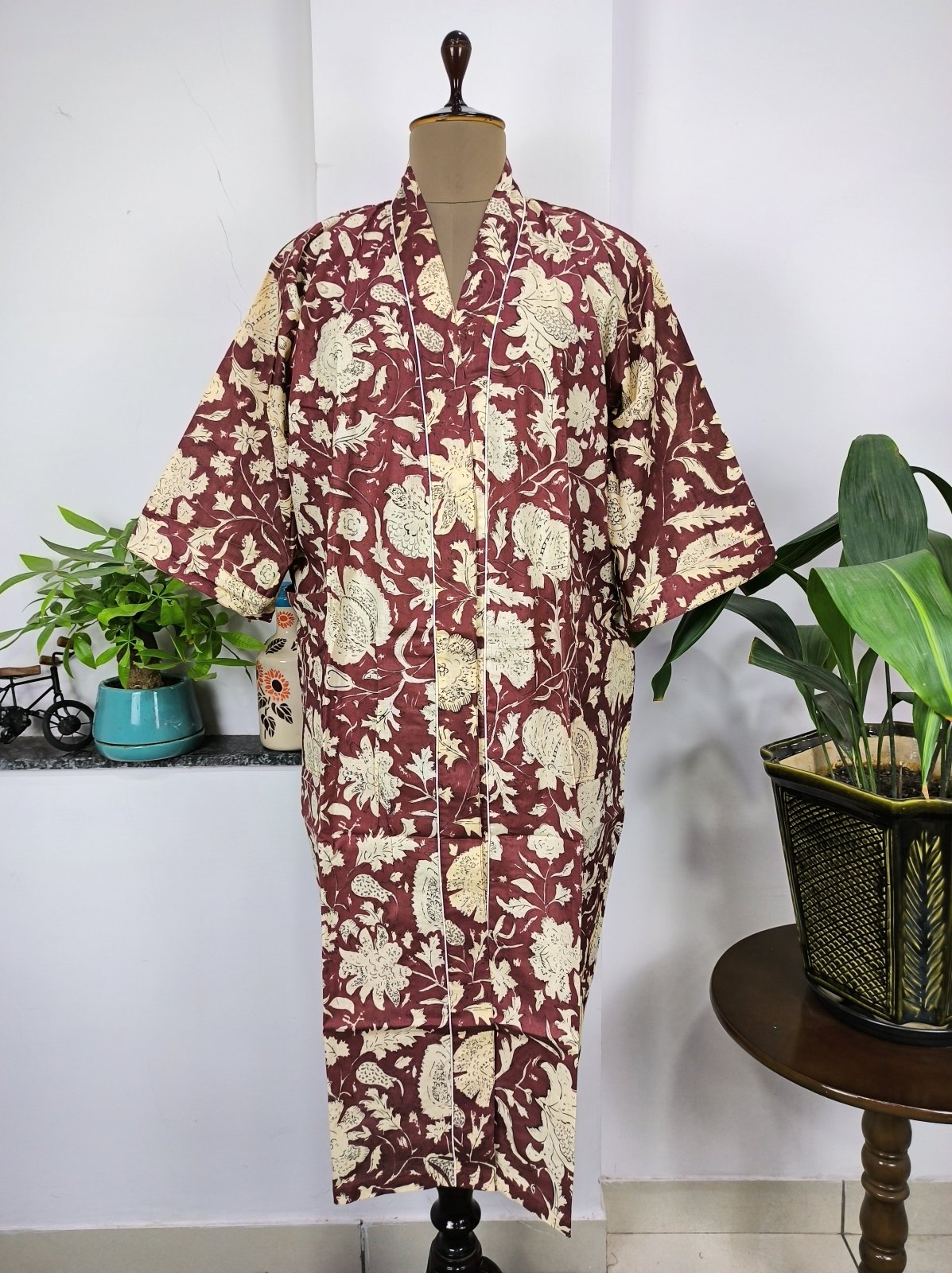 Pure Cotton Kimono Indian Handprinted Boho House Robe Summer Dress | Rusty Red Garden Floral Rose Luxury Cover Up | Maternity Mom Bridal - The Eastern Loom