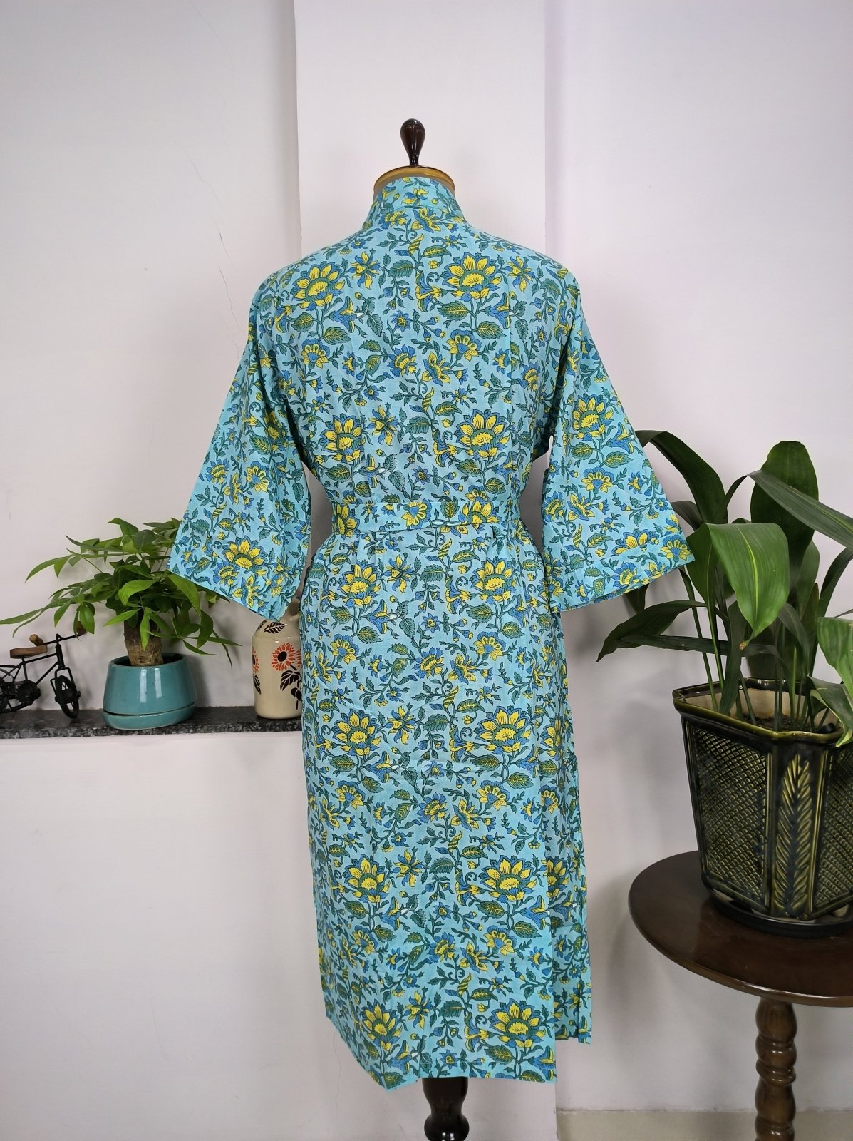 Pure Cotton Kimono Indian Handprinted Boho House Robe Summer Dress, Skyblue Mustard Leaf Beach Coverup Maternity Mom Bridal - The Eastern Loom