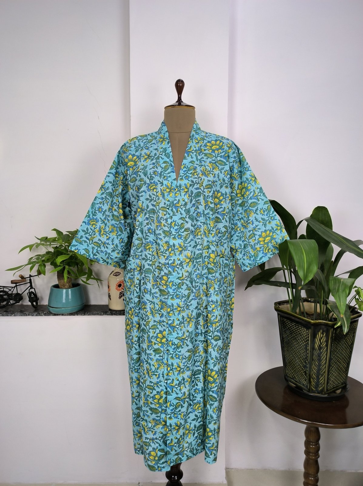 Pure Cotton Kimono Indian Handprinted Boho House Robe Summer Dress, Skyblue Mustard Leaf Beach Coverup Maternity Mom Bridal - The Eastern Loom