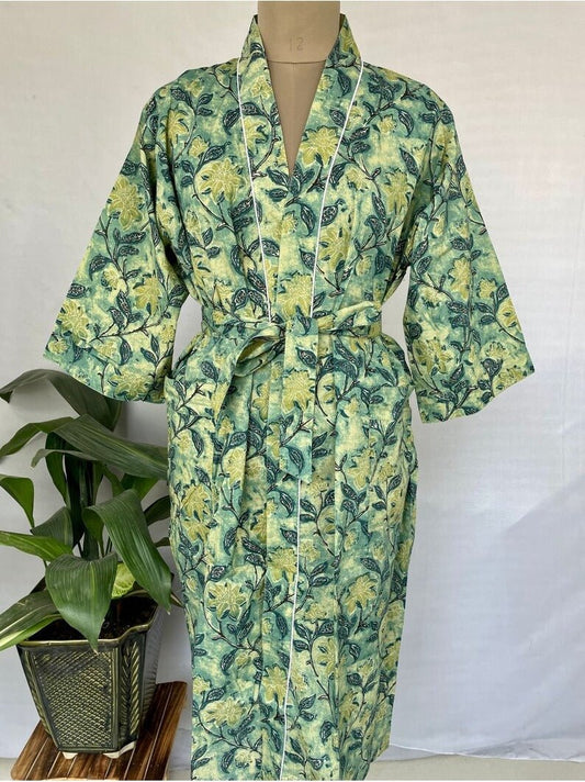 Pure Cotton Kimono Indian Handprinted Boho House Robe Summer Dress, Smokey Green Hue Floral Nature Garden Beach Coverup Maternity Mom Bridal - The Eastern Loom