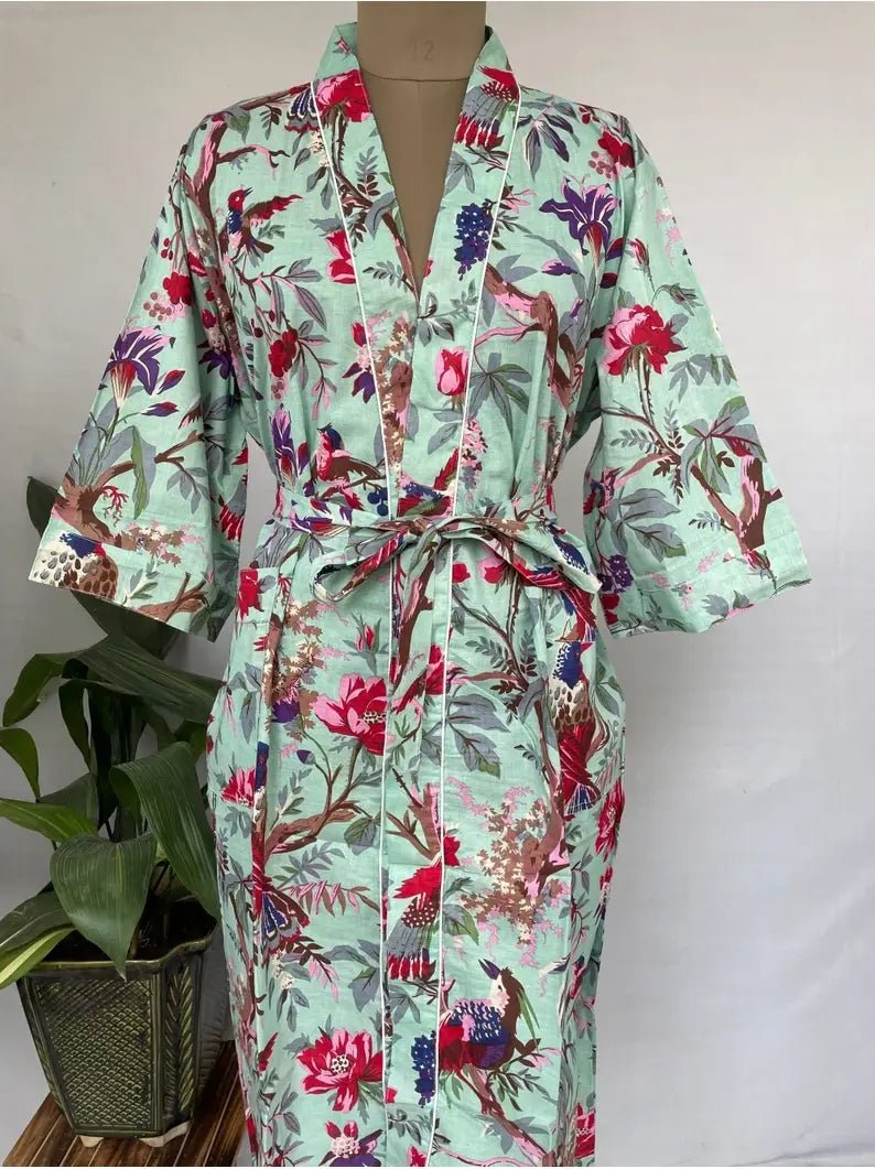 Pure Cotton Kimono Indian Handprinted Boho House Robe Summer Dress | Tiffany Blue Hues Bird Floral Beach Coverup/Comfy Maternity Mom Bridal - The Eastern Loom