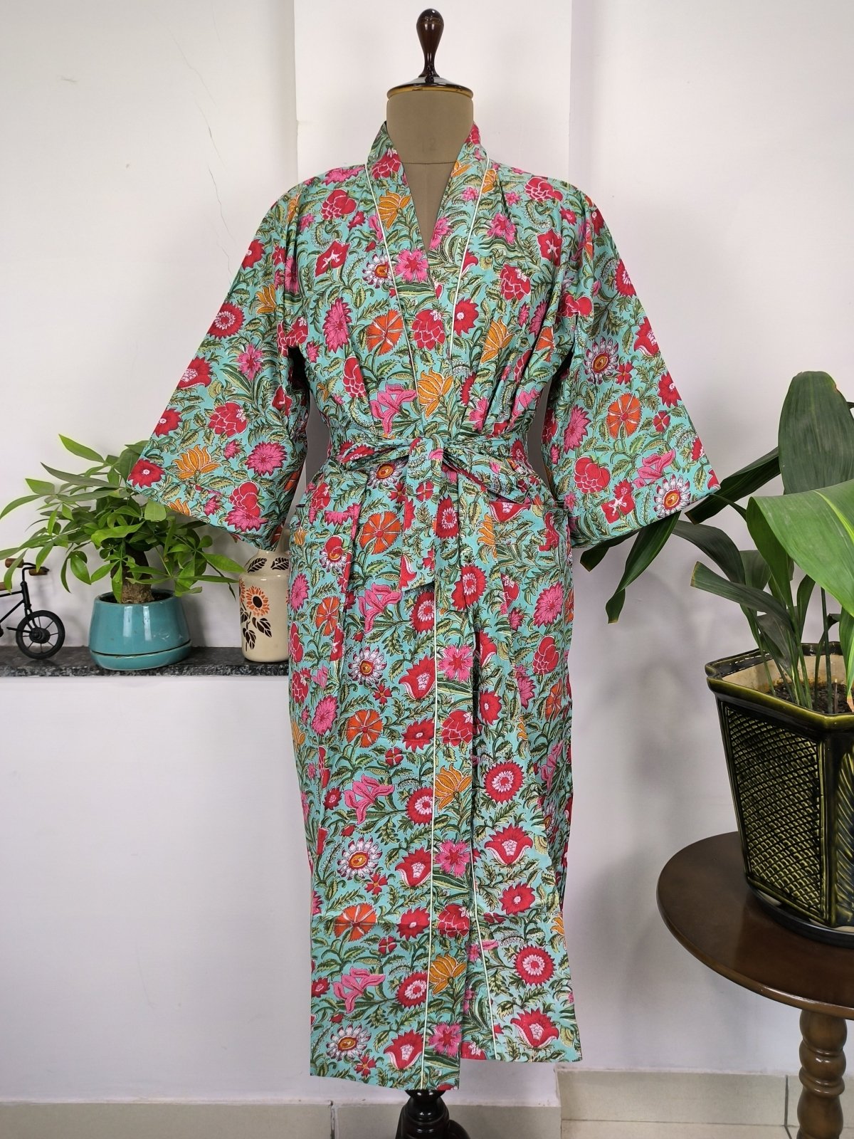 Pure Cotton Kimono Indian Handprinted Boho House Robe Summer Dress | Turquoise Pink Red Botanical Floral Luxury Beach Holiday Yacht Cover Up - The Eastern Loom