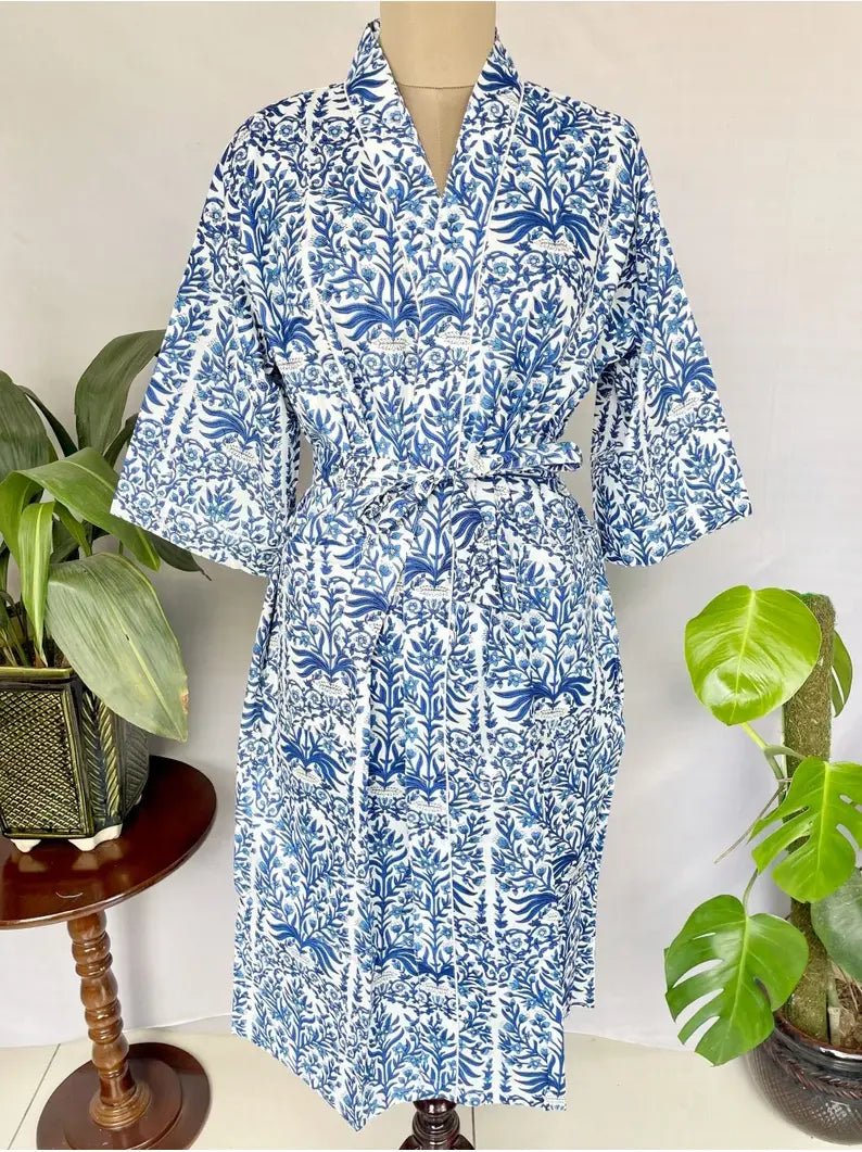 Pure Cotton Kimono Indian Handprinted Boho House Robe Summer Dress, White Blue Floral Beach Coverup Maternity Mom Bridal - The Eastern Loom