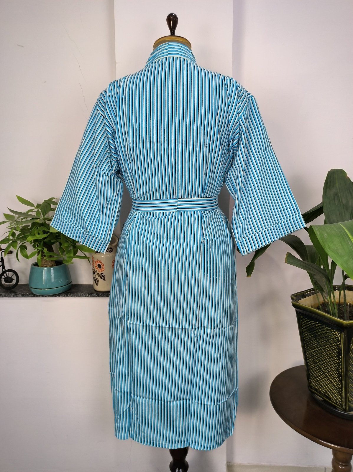Pure Cotton Kimono Indian Handprinted Boho House Robe Summer Dress | White Blue Stripe Geometric Elegant Luxury Beach Holiday Yacht Cover Up - The Eastern Loom
